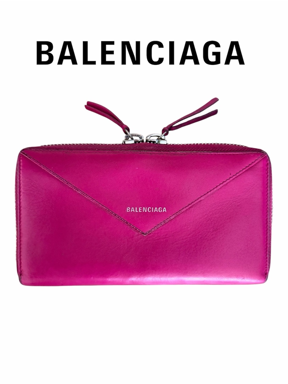 Balenciaga Papier Continental Zip Around Wallet Envelope Style Hot Pink Fuchsia